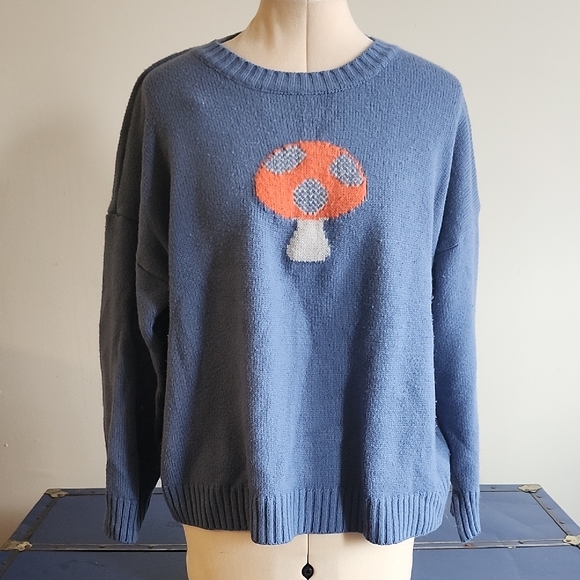 SHEIN Blue Sweater with Orange Mushroom Design - Picture 1 of 4